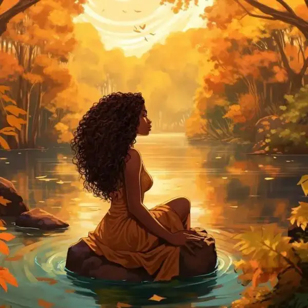 Nakyva sitting by the water in a peaceful autumn forest setting